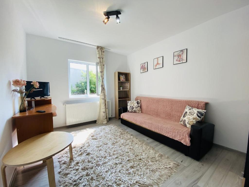 a living room with a couch and a table at Central Apartment in Blaj