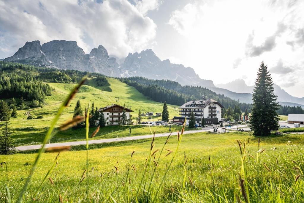 Eine grüne Wiese mit Häusern und Bergen im Hintergrund in der Unterkunft Hotel Kreuzberg Monte Croce in Sexten