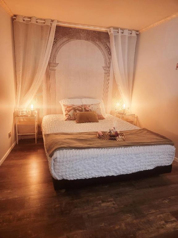 une chambre avec un grand lit à baldaquin dans l'établissement L'Atelier Des Roses, Lunéville centre, à Lunéville