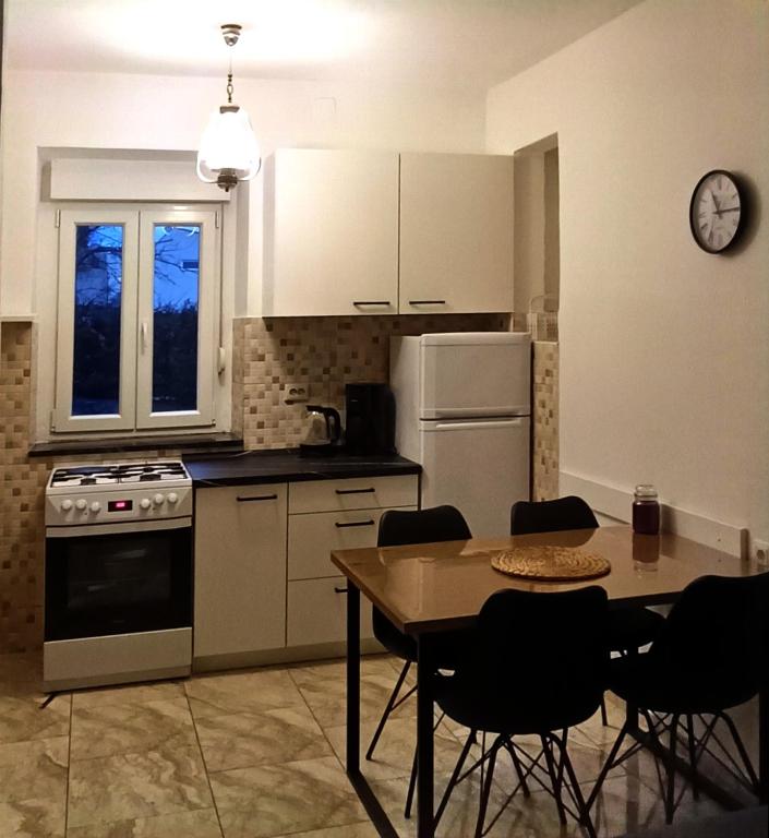 a kitchen with a table and a refrigerator and a table and chairs at Apartment Marino in Senj