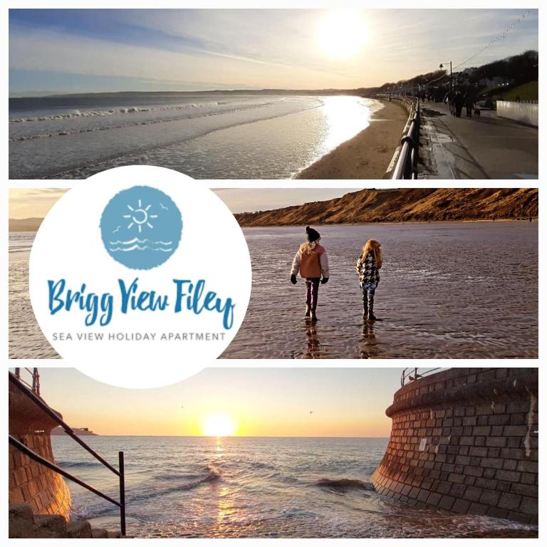 two pictures of people walking on the beach at Brigg View Holiday Apartment in Filey