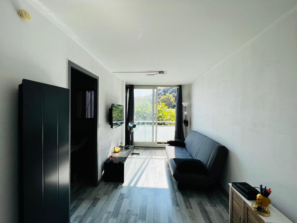 un salon avec un canapé et une grande fenêtre dans l'établissement T2 Proche Polygone - piscine, parking privé, fibre, à Cagnes-sur-Mer