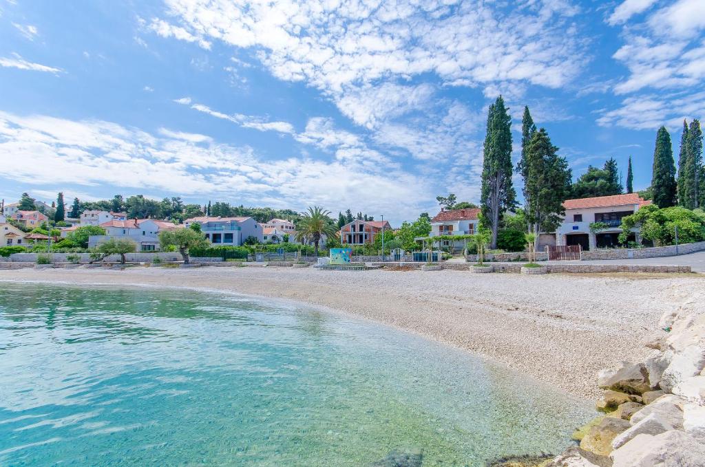 a view of a beach with houses and trees at Apartments Jere in Sutivan