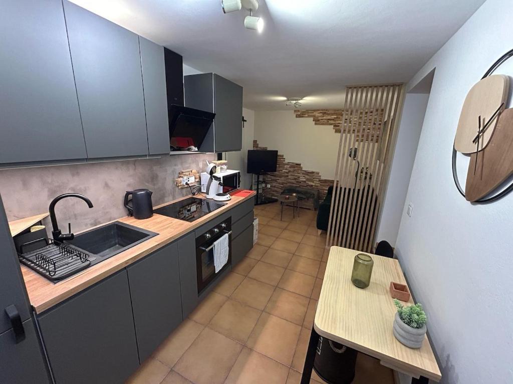 une cuisine avec un évier et un plan de travail dans l'établissement T2 au cœur de Valbonne Village, à Valbonne