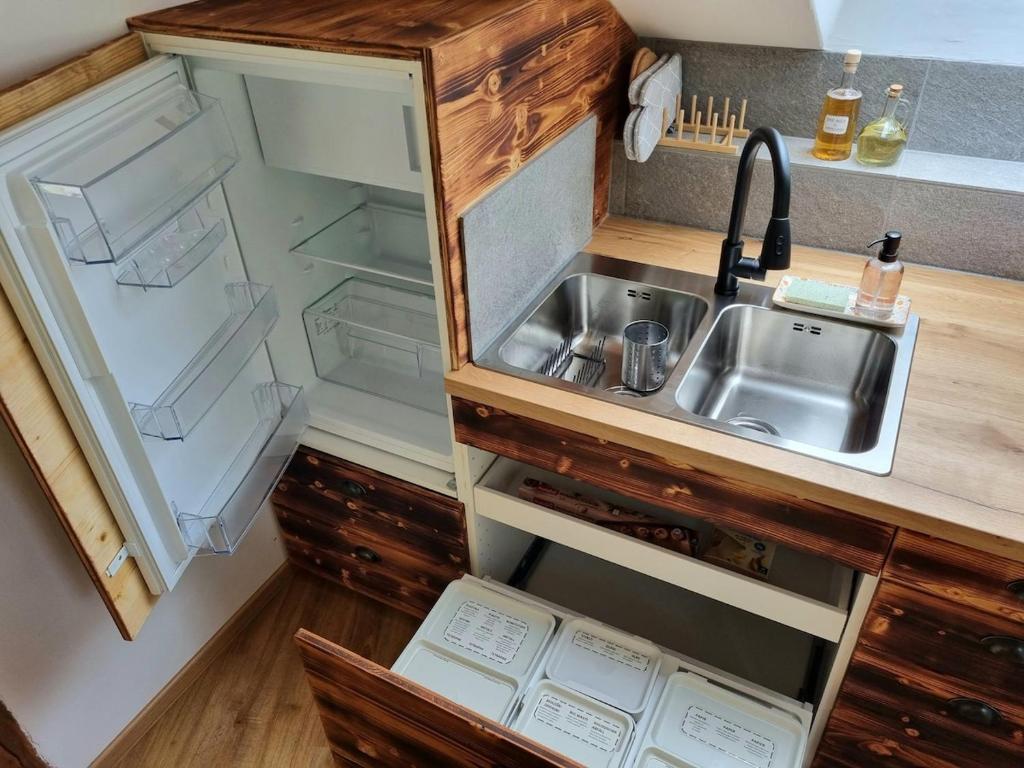 Kuchyň nebo kuchyňský kout v ubytování Studio Apartma2 pri Adamu