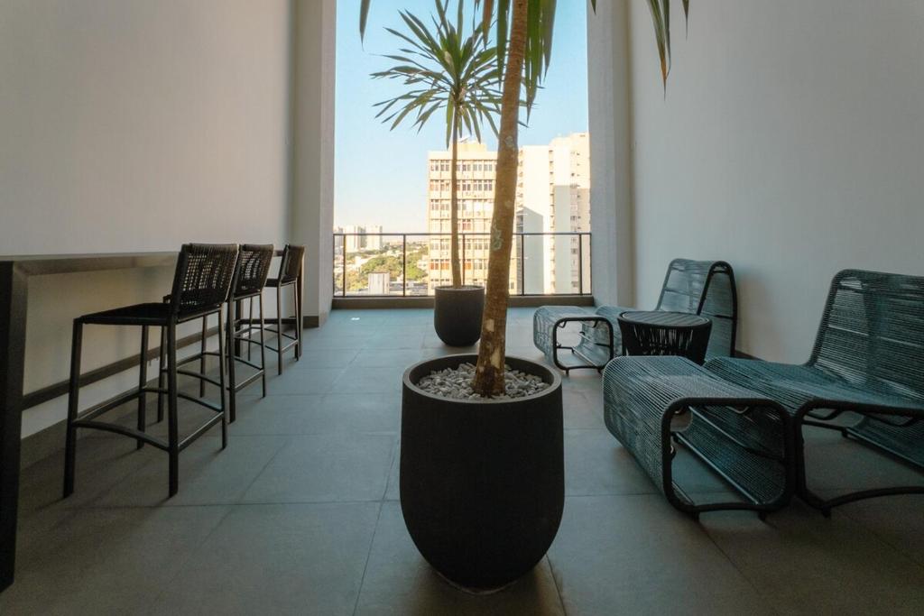 a room with a potted palm tree and chairs at Apartamento Centro Moderno CA403 in Maringá