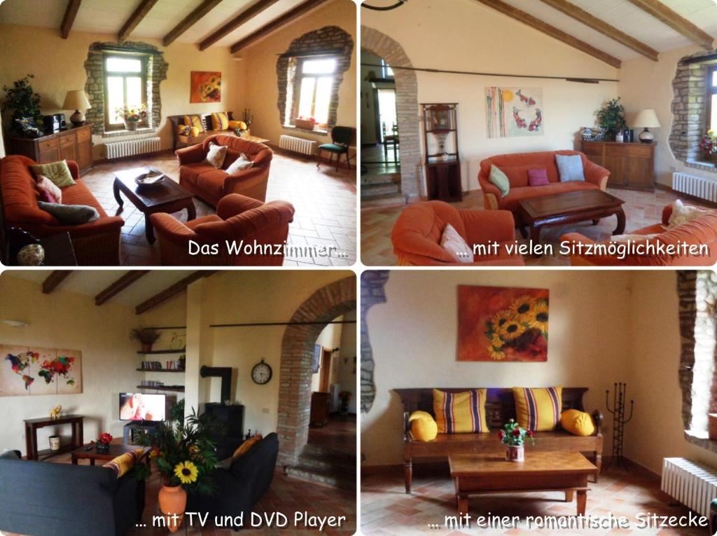 trzy różne widoki na salon z meblami w obiekcie Ferienhaus Ca Piero mit Pool bis 8 Personen w mieście Urbino