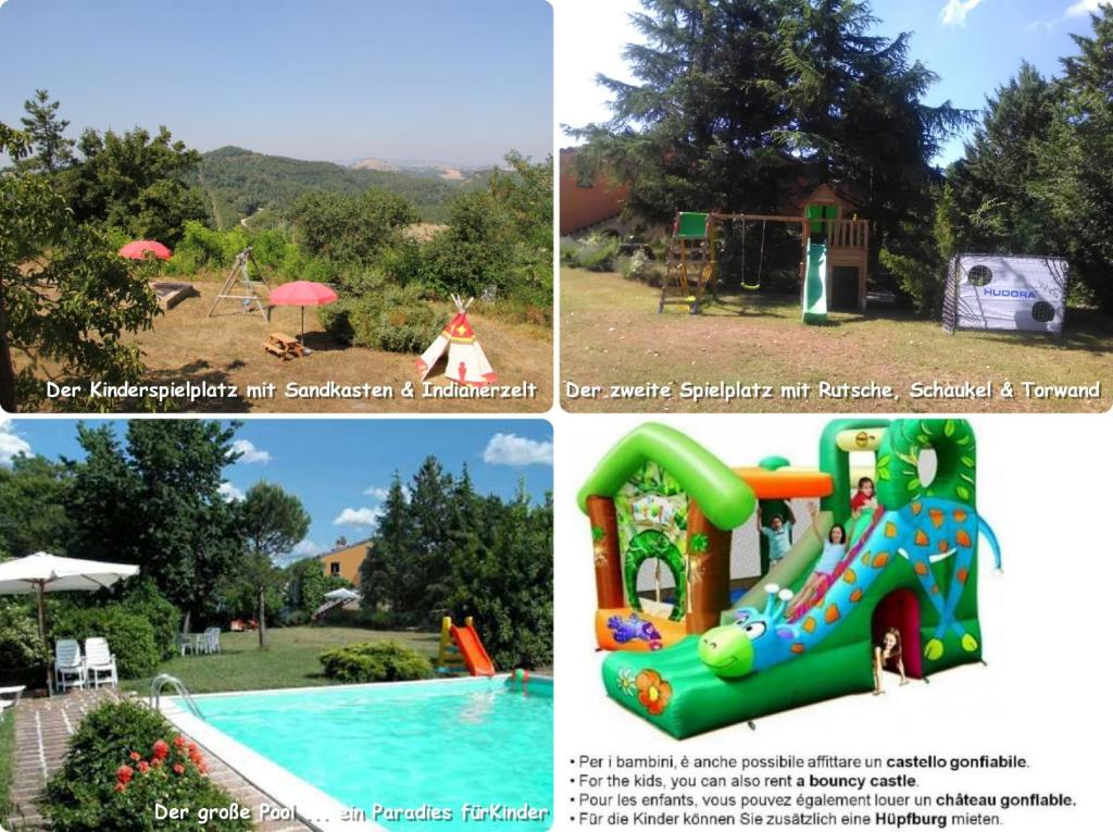kolaż trzech zdjęć placu zabaw i basenu w obiekcie Ferienhaus Ca Piero mit Pool bis 8 Personen w mieście Urbino