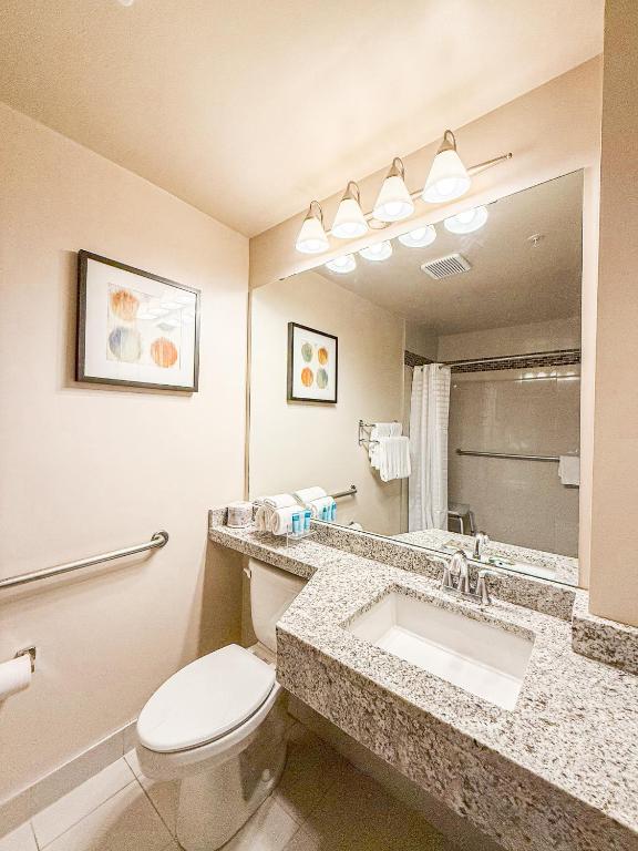 a bathroom with a toilet and a sink and a mirror at West Edmonton Mall Inn in Edmonton