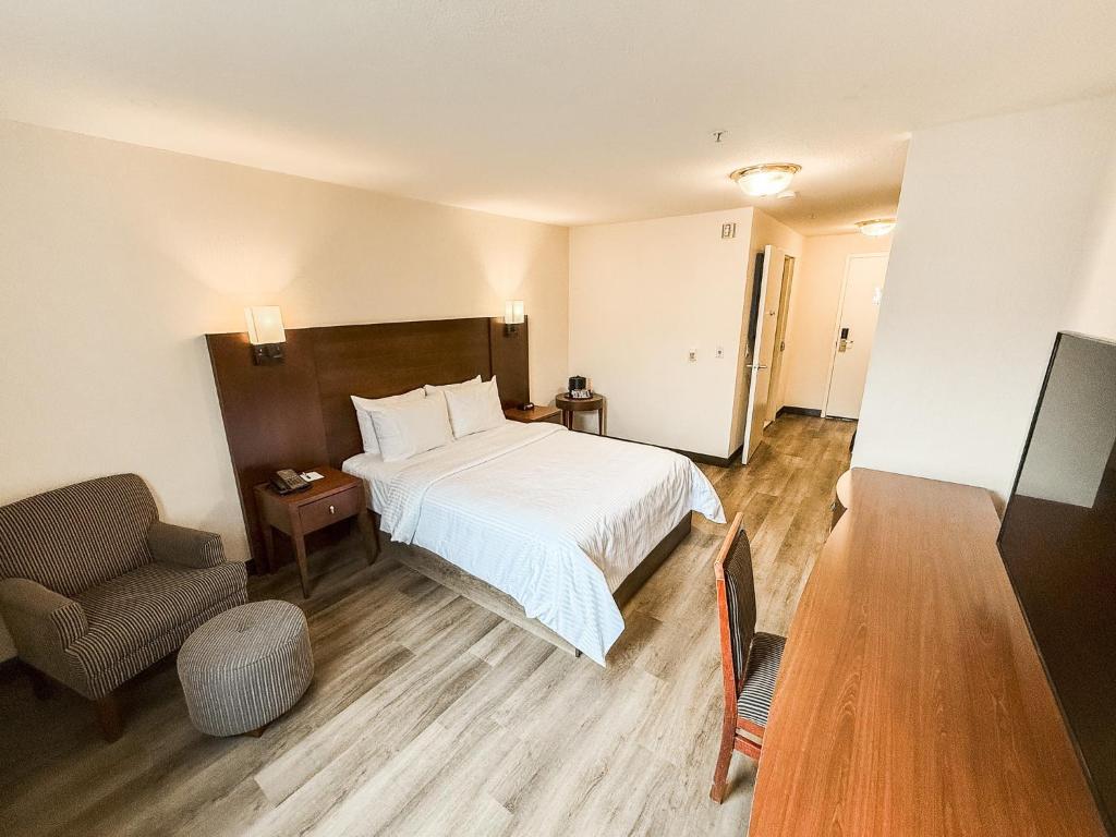 a hotel room with a bed and a chair at West Edmonton Mall Inn in Edmonton
