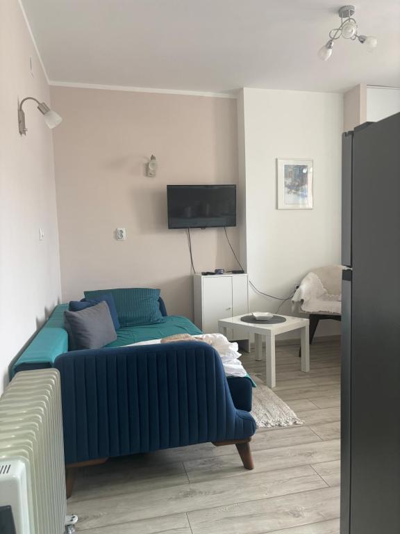 a bedroom with a blue bed and a tv at Red Square Apartment in Pirot