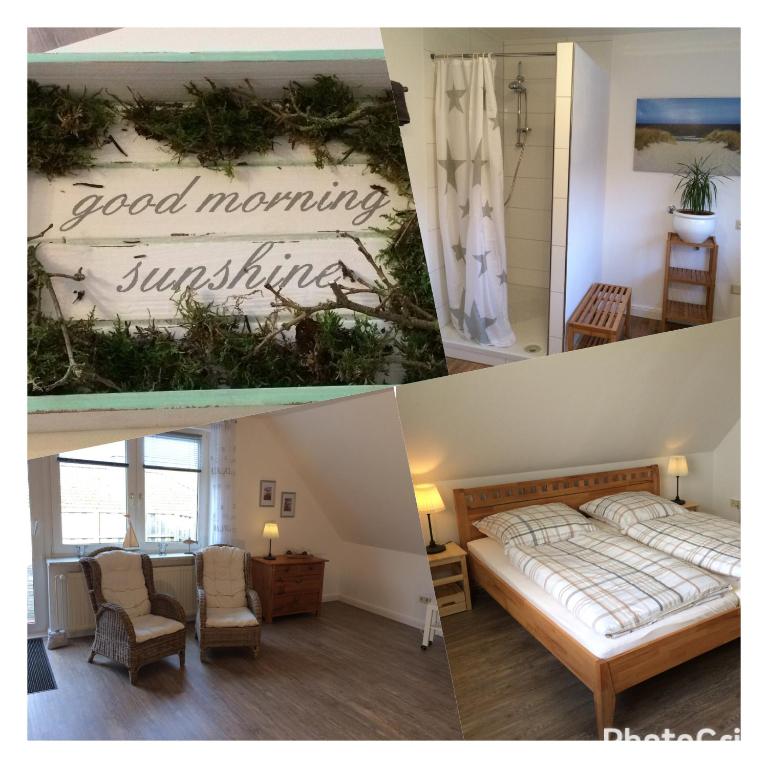a collage of three pictures of a bedroom at FeWo "Ahrens' Hüs" in Elsdorf-Westermühlen