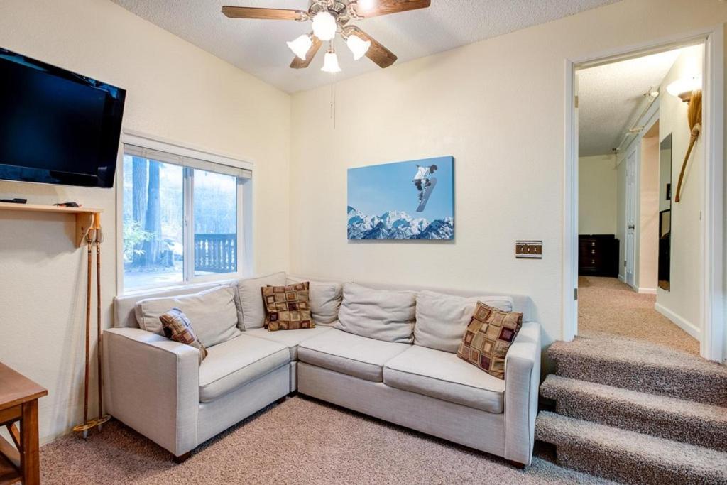 ein Wohnzimmer mit Couch und Flachbildfernseher in der Unterkunft Snowline Lodge Condo #36 - Shared Wi-Fi - Pets Ok in Glacier