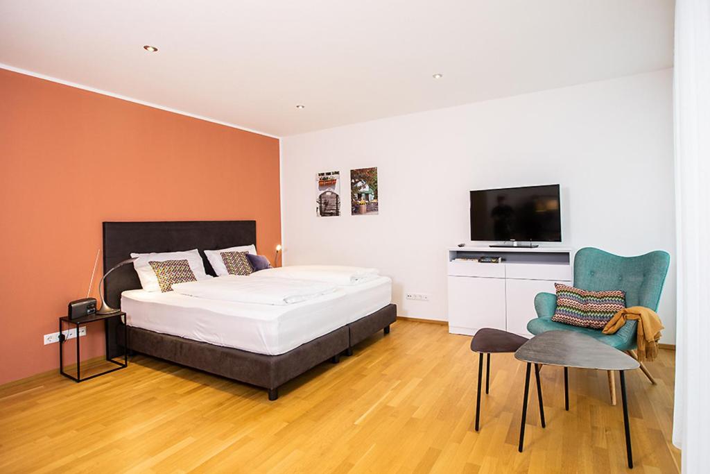 ein Schlafzimmer mit einem Bett und einem Flachbildfernseher in der Unterkunft Ferienwohnung "Höchsten" in Friedrichshafen