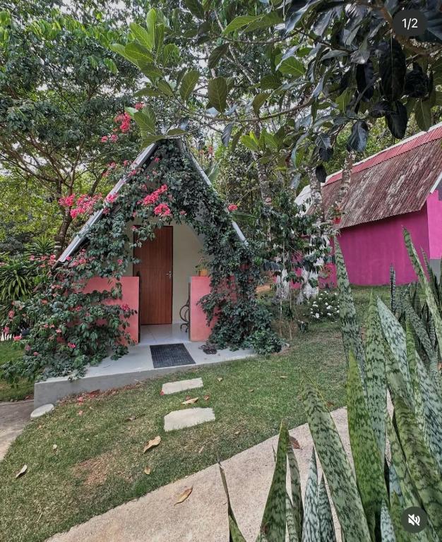 a pink house with flowers in front of it at Chalé das hortênsias in Bonito