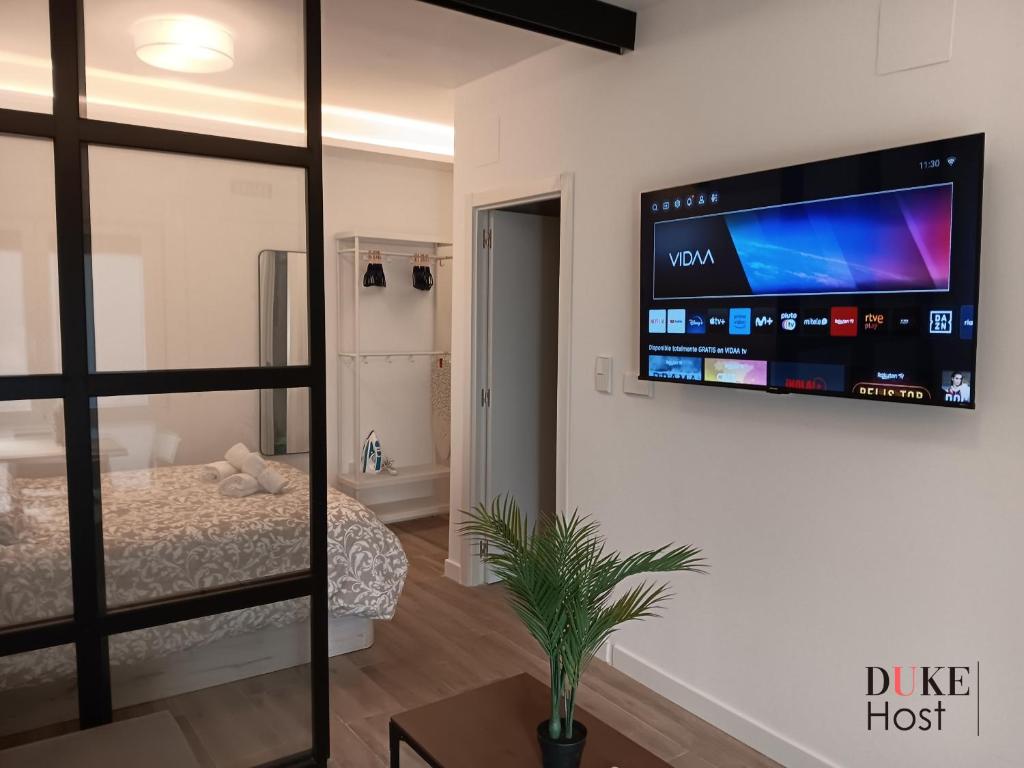 ein Schlafzimmer mit einem Bett und einem Flachbildfernseher an der Wand in der Unterkunft Puerta de Hierro Apartments in Madrid