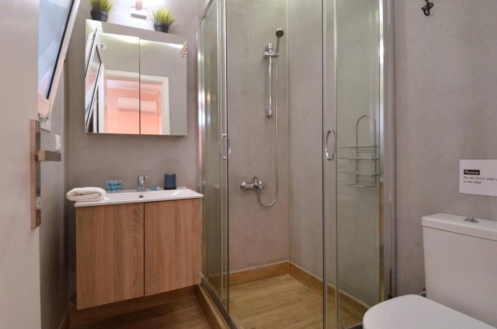 W łazience znajduje się prysznic, umywalka i toaleta. w obiekcie Petralona, a sweet and cozy apartment w Atenach