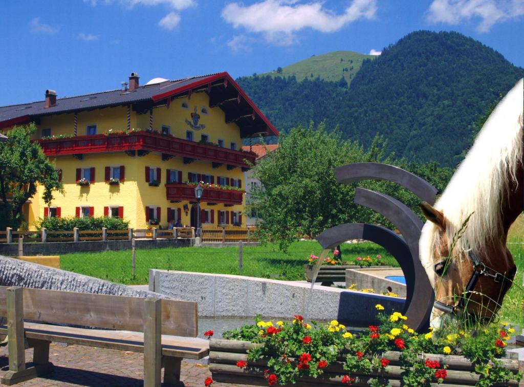 posąg konia przed budynkiem z budynkiem w obiekcie Reitanlage Dagnhof w mieście Walchsee