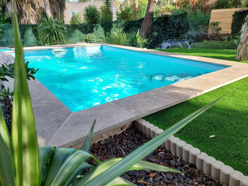 - une piscine dans une cour avec gazon dans l'établissement A la devino, à Fréjus