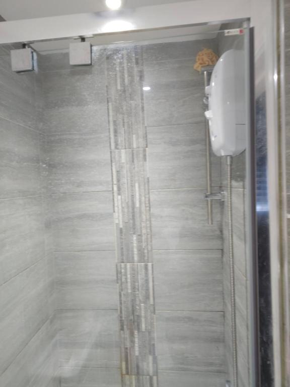 una ducha con puerta de cristal en un baño en Lux Home, en Dagenham