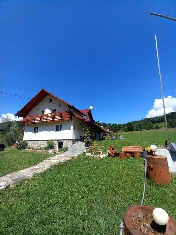 a house in the middle of a green field at Casa Chindea Lacu Rosu in Lacu Rosu