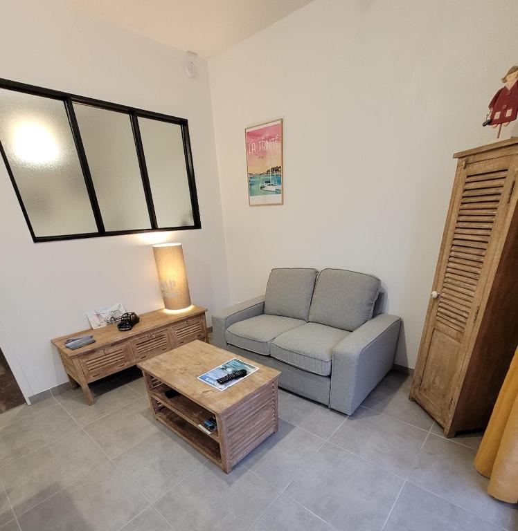 un salon avec un canapé et une table basse dans l'établissement Petite maison 2 personnes à Crach avec jardin ombragé, à Crach