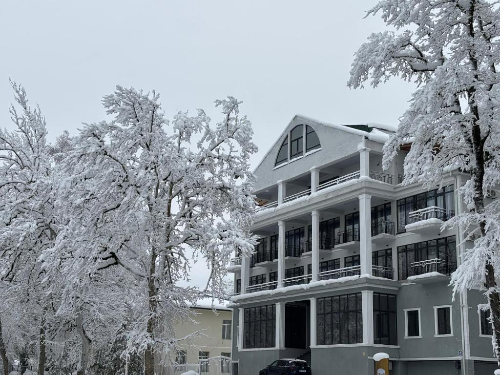 un edificio con alberi innevati di fronte ad esso di Green Hotel Tskaltubo a Tskhaltubo