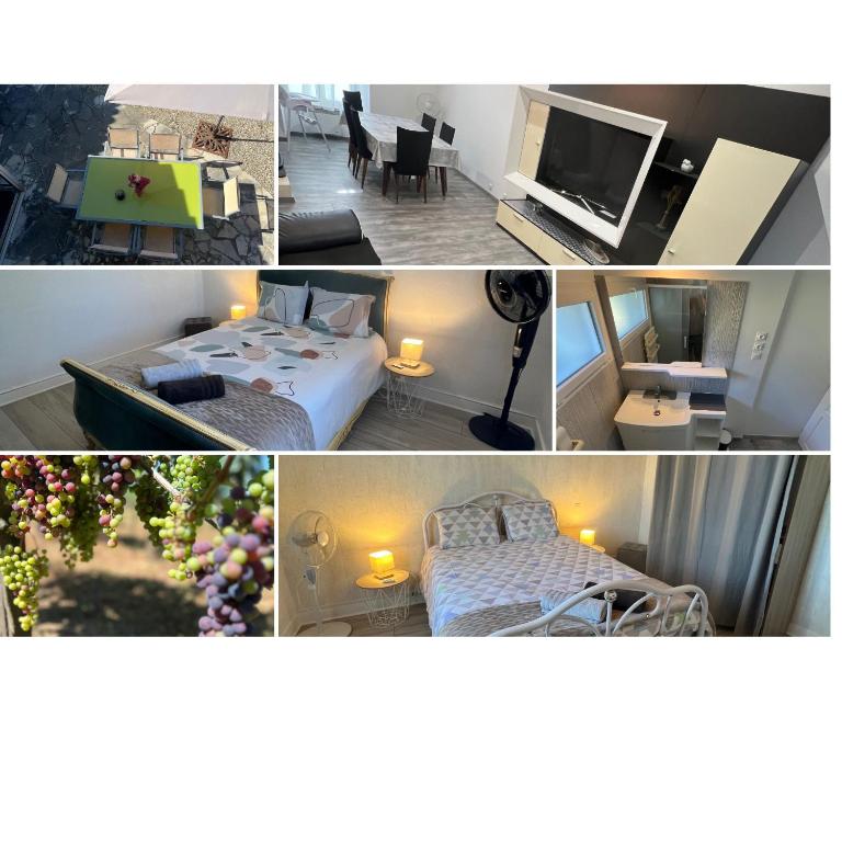 un collage de photos d'une chambre et d'un salon dans l'établissement Gîte le clos, à Saint-Sulpice-de-Faleyrens