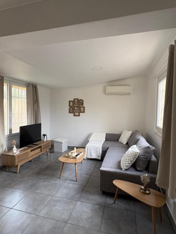 un salon avec un canapé et une télévision dans l'établissement Laparté en Provence, à Saint-Martin-de-Crau