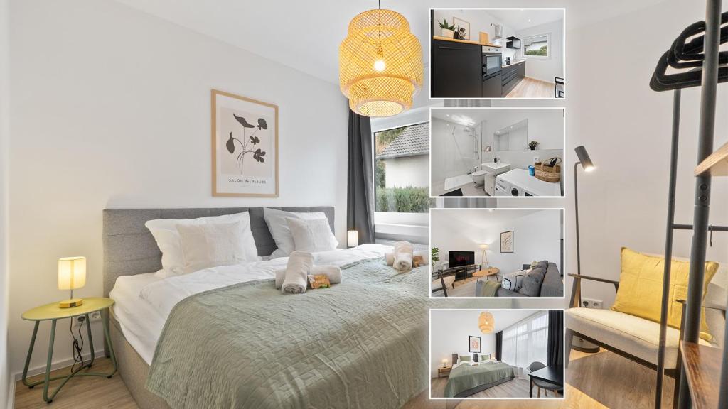 Ένα ή περισσότερα κρεβάτια σε δωμάτιο στο COMING HOME - Moderne Wohnung mit Nähe zu Köln Messe, Flughafen, Dom, Lanxess-Arena - schnelles WLAN, 2 Bäder, 2 kostenlose Parkplätze