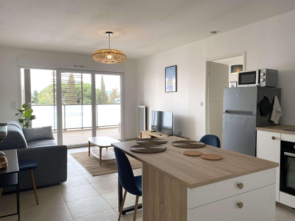 Il comprend une cuisine et un salon avec une table et des chaises. dans l'établissement Bel appartement T2 avec terrasse privative et parking à Balaruc-les-Bains - FR-1-553-299, à Balaruc-les-Bains