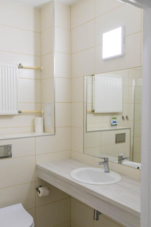 Small tiled bathroom corner with countertop sink, mirror, wall radiator, and visible toilet roll