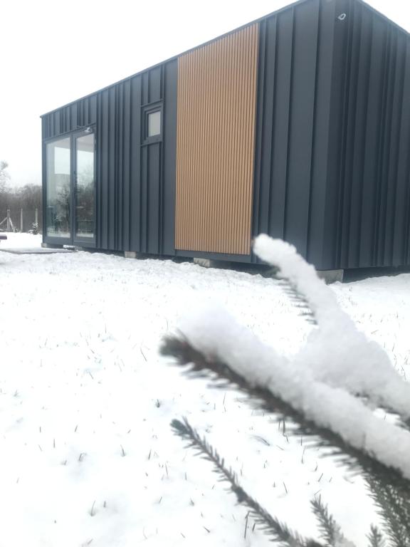 a building in a snow covered yard with a plant at TinyHouses & Garden in Oravská Poruba