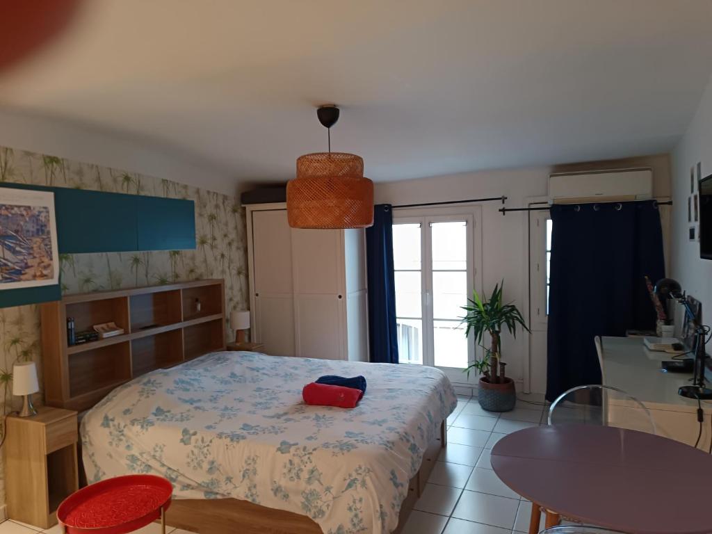 a bedroom with a bed with a red pillow on it at Studio cathédrale centre Aix-en-Provence in Aix-en-Provence