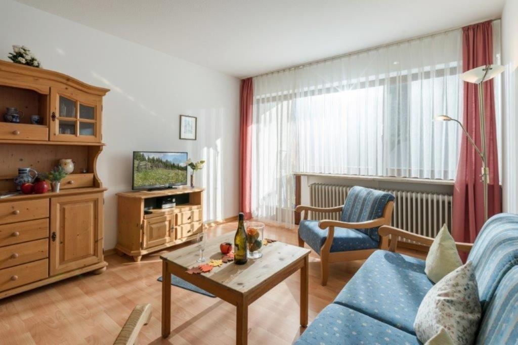 a living room with a blue couch and a table at Chiemgau Comfort F1 Ferienwohnanlage Oberaudorf mit Hallenbad und Sauna in Oberaudorf