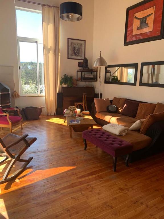 un salon avec un canapé et une table dans l'établissement maison en bois en bord d'Herault, à Saint-Bauzille-de-Putois