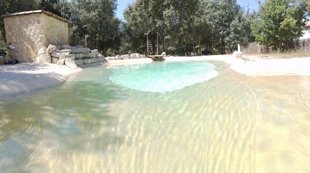 une piscine avec de l'eau bleue dans une cour dans l'établissement Lou mazet, à La Roque-sur-Pernes