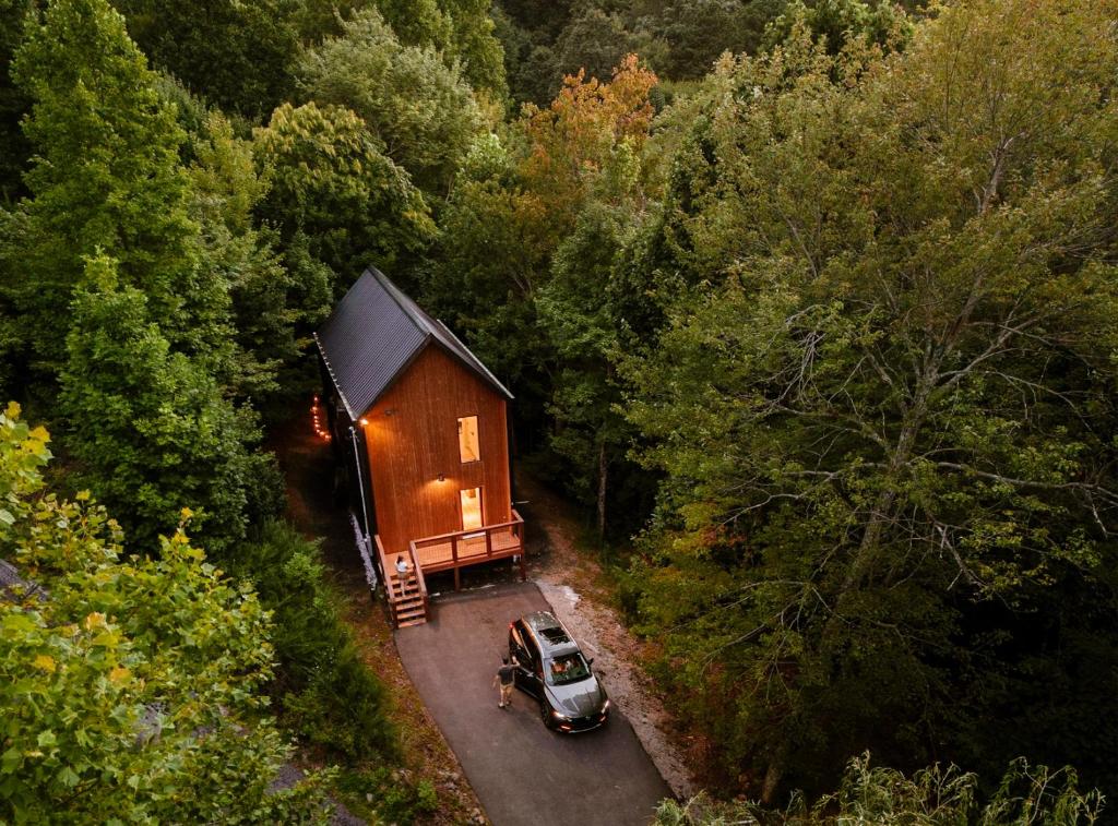 ein Auto, das vor einer Hütte im Wald parkt in der Unterkunft Nordic Haus - Luxury Wears Valley - Hot Tub - 5mins to GSMNPark in Sevierville