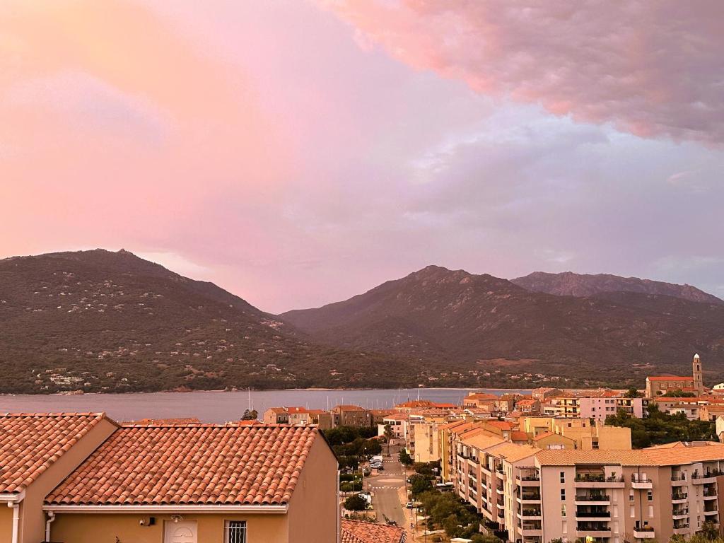 Elle offre une vue sur la ville, le lac et les montagnes. dans l'établissement Superbe vue Mer et Montagne - T3 - 5mn des plages, à Propriano