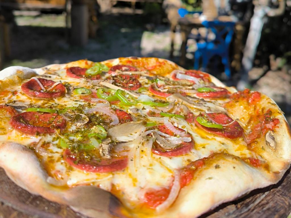 a pizza with pepperoni and mushrooms on a table at Litost Cafe in Adrasan
