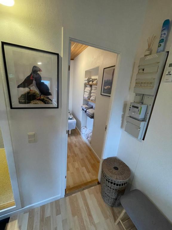 a hallway with a picture of a bird on the wall at Cozy apartment in Tórshavn, Faroe Island with free parking. in Tórshavn