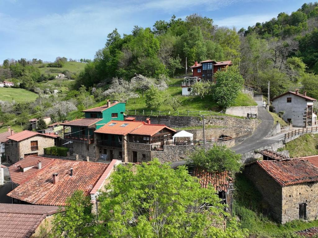 un pueblo en una colina con casas y una carretera en Casa Laudina y Armando, en Brañella