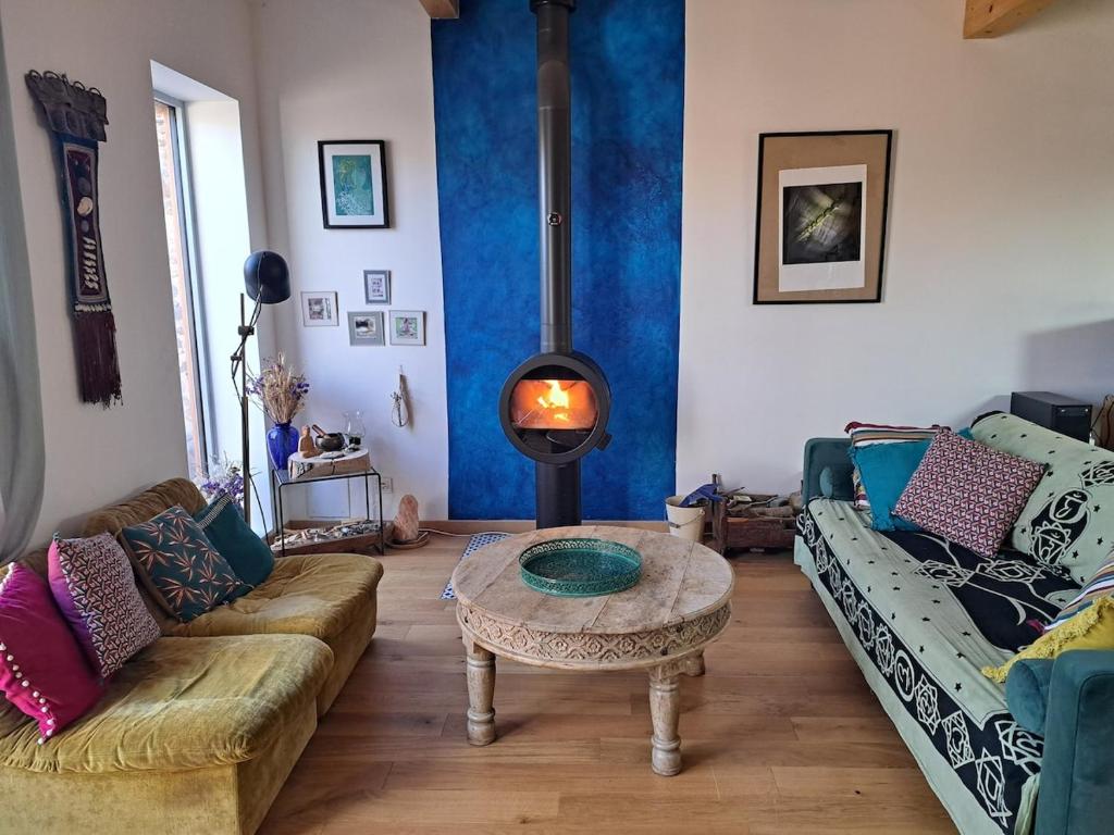 - un salon avec un canapé et une cheminée dans l'établissement Mas Catalan, à Saint-Génis