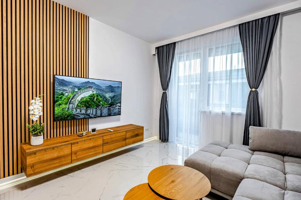 Una sala de estar con un sofá y un televisor. en Didi's Apartment, en Şelimbăr