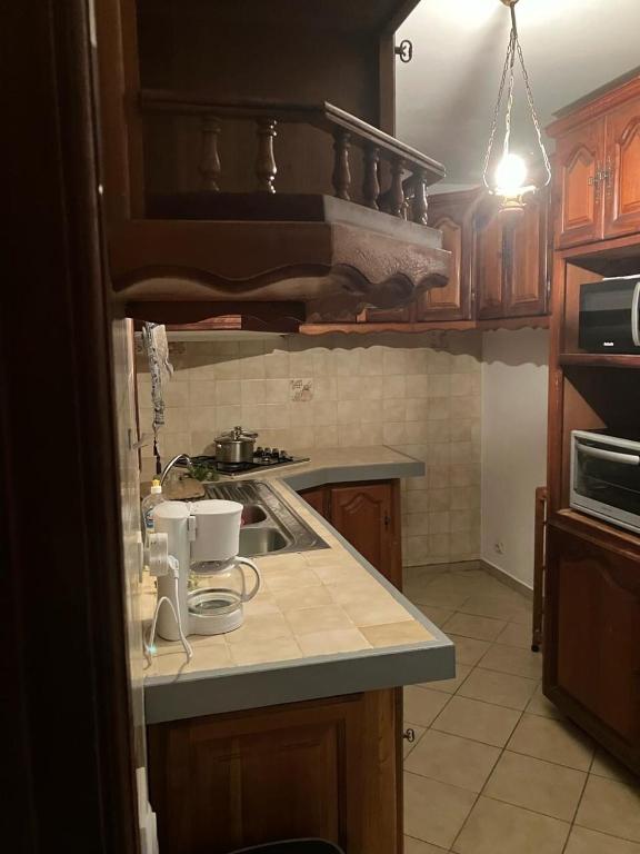 a kitchen with a sink and a counter top at La Maison d 'Hippolyte in Vieux-Habitants