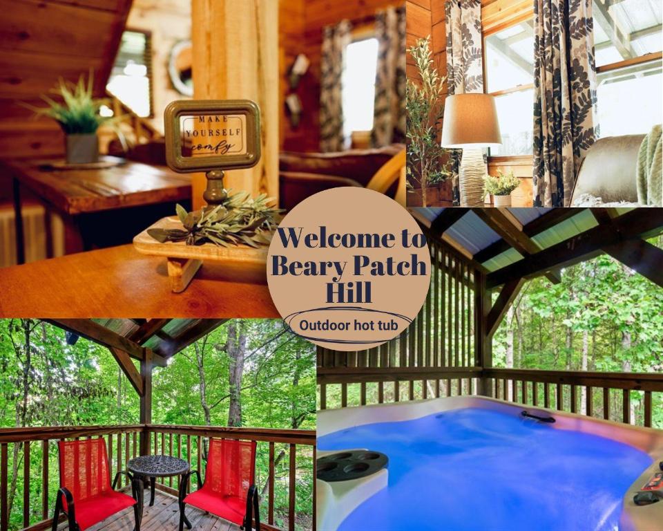 a collage of pictures of a cabin with a hot tub at Beary Patch Hill Hot Tub 9 Miles to Great Smoky Mtn National Park in Sevierville