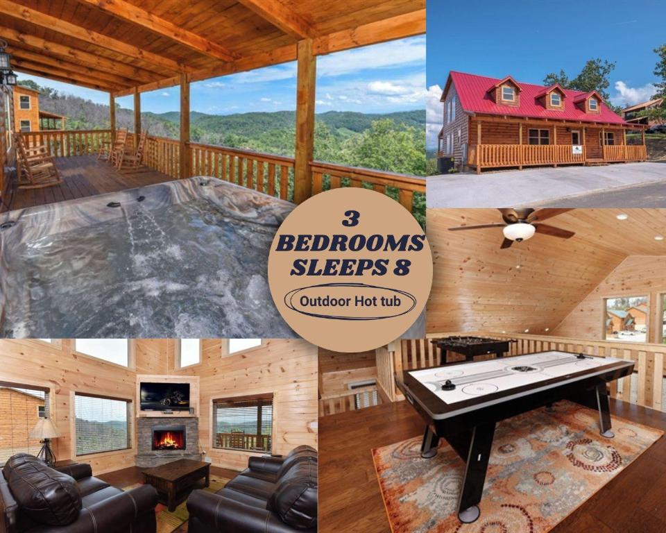 een collage van foto's van een huis met een pooltafel bij Heavenly Daze in Sevierville