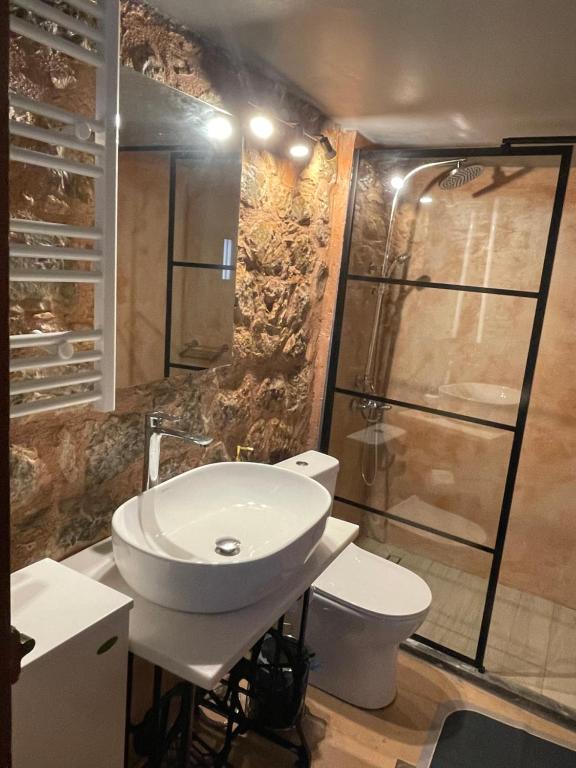 łazienka z toaletą, umywalką i prysznicem w obiekcie Aroma Avlis Apartments w mieście Areopolis