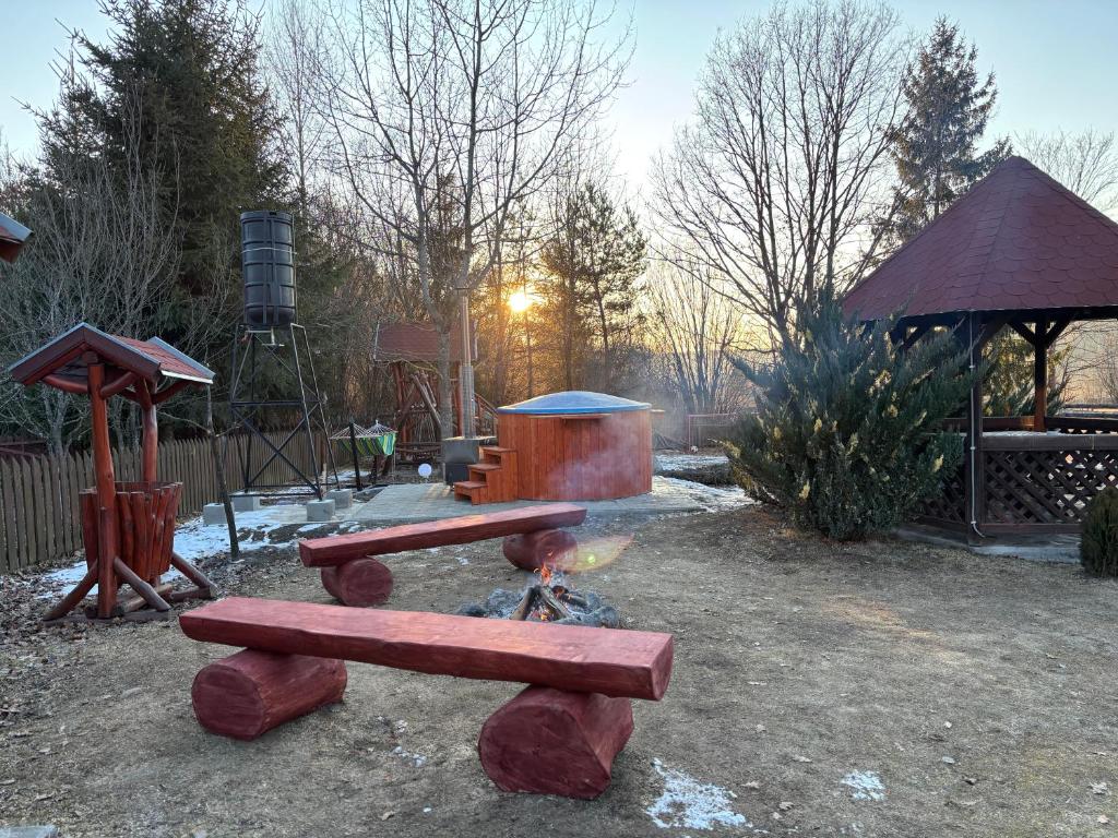 a park with a picnic bench and a fire at Gergely Attila Vendégház in Izvoare
