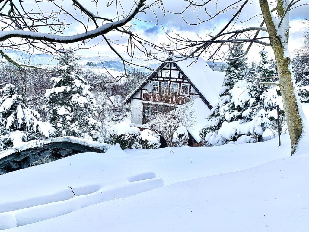 Ein Haus ist mit Schnee bedeckt, umgeben von Bäumen. in der Unterkunft Ferienwohnung Dörnberg erleben mit Tiere bei Winterberg in Bestwig